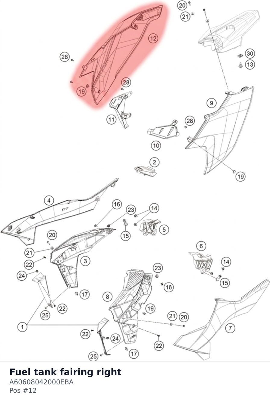 Diagram preview: Fuel tank fairing right (A60608042000EBA)