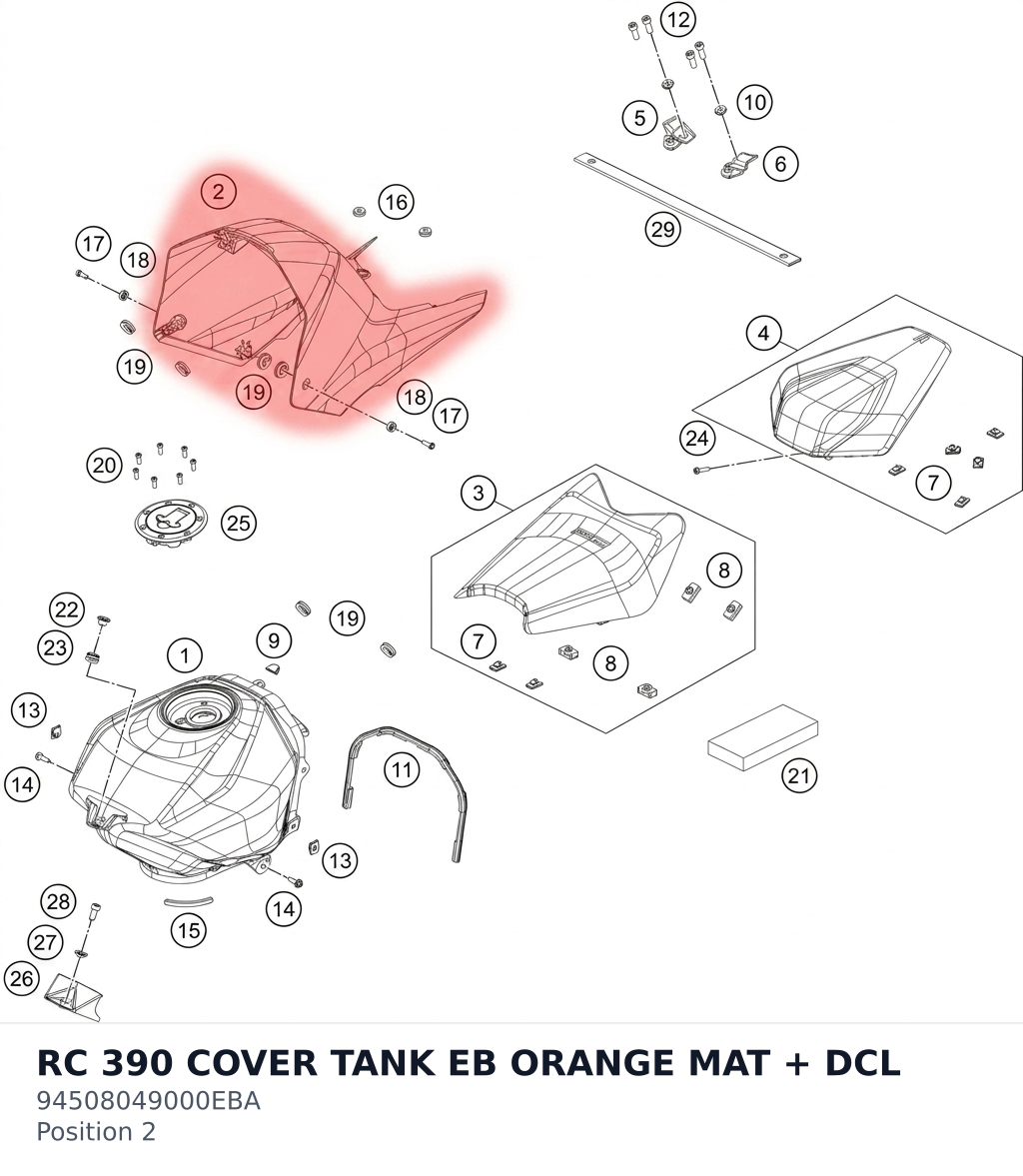 Diagram preview: RC 390 COVER TANK EB ORANGE MAT + DCL (94508049000EBA)