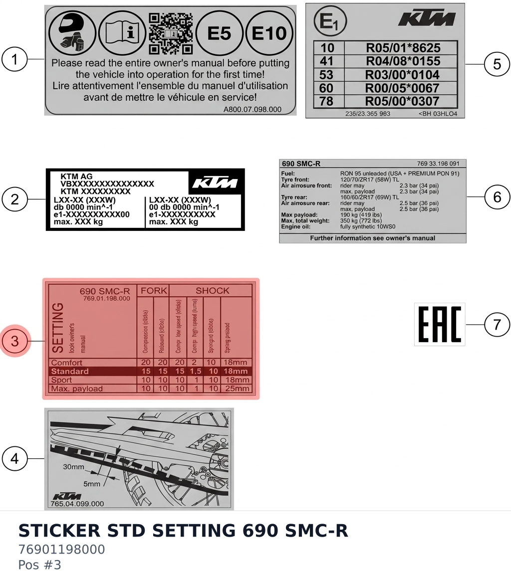 Diagram preview: STICKER STD SETTING 690 SMC-R (76901198000)