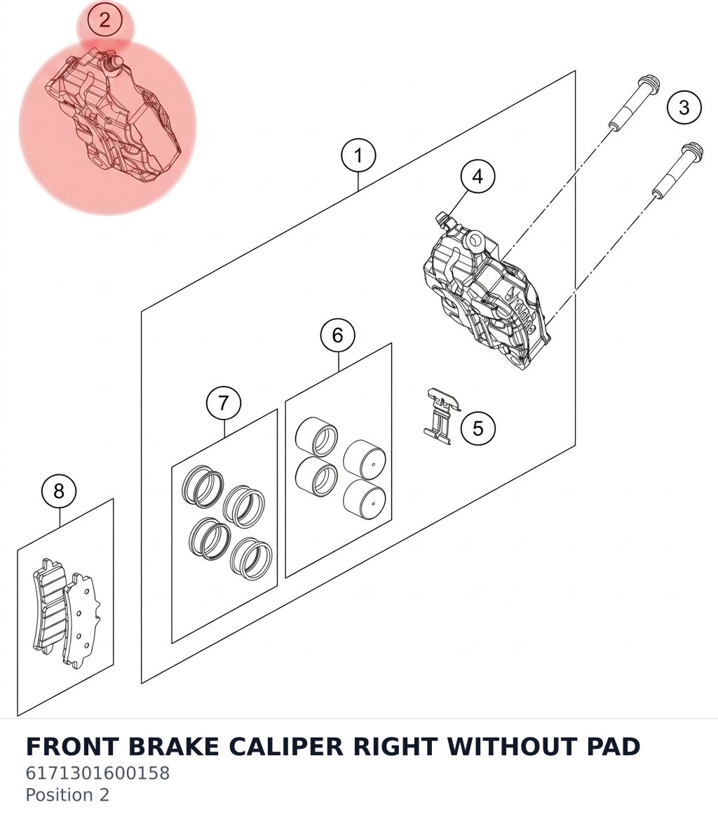 Diagram preview: FRONT BRAKE CALIPER RIGHT WITHOUT PAD (6171301600158)