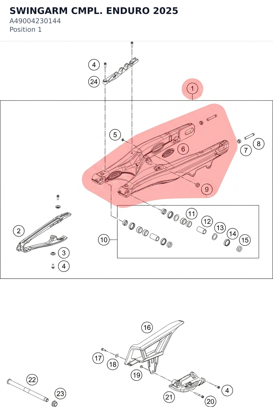 Diagram preview: SWINGARM CMPL. ENDURO 2025 (A49004230144)