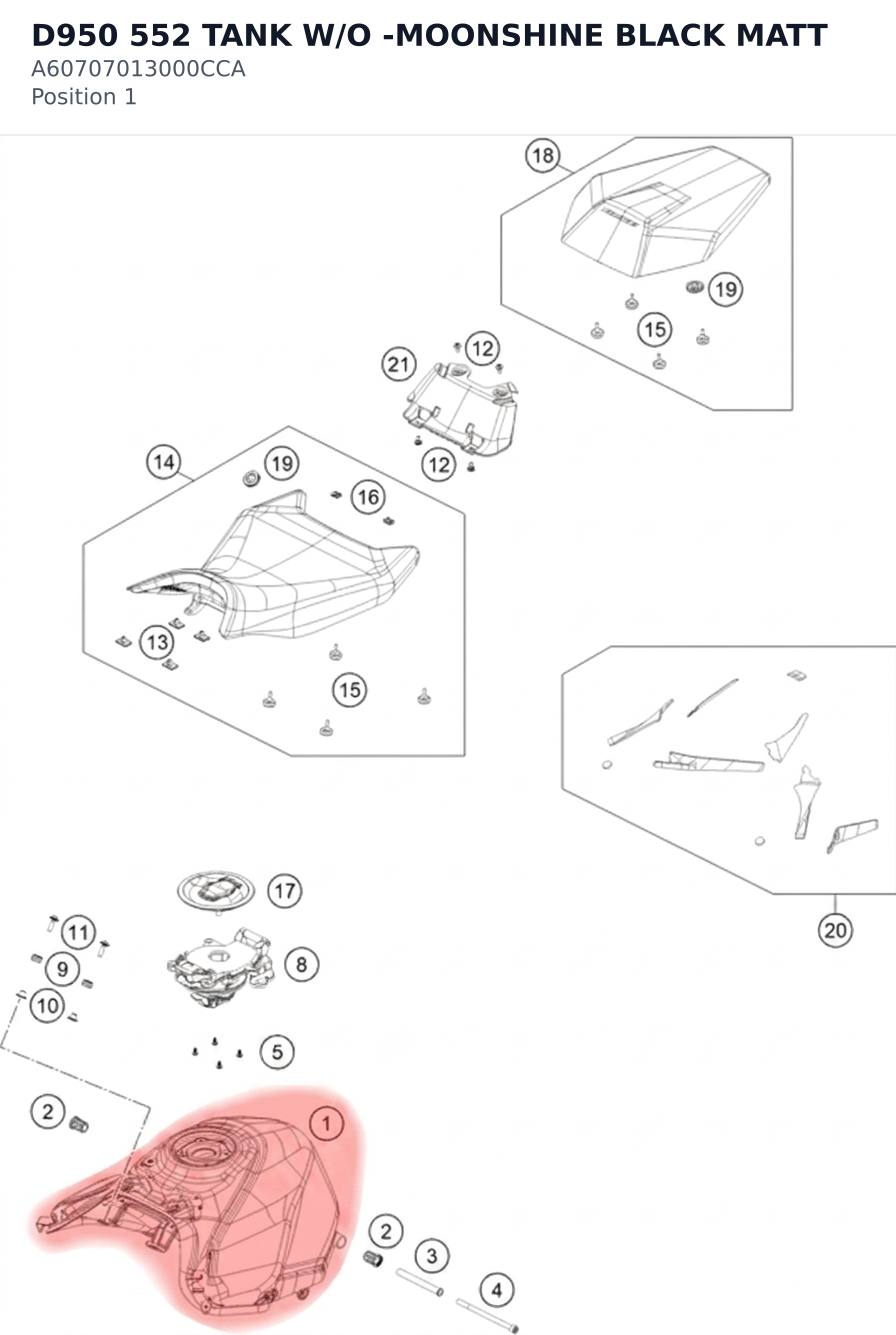 Diagram preview: D950 552 TANK W/O -MOONSHINE BLACK MATT (A60707013000CCA)