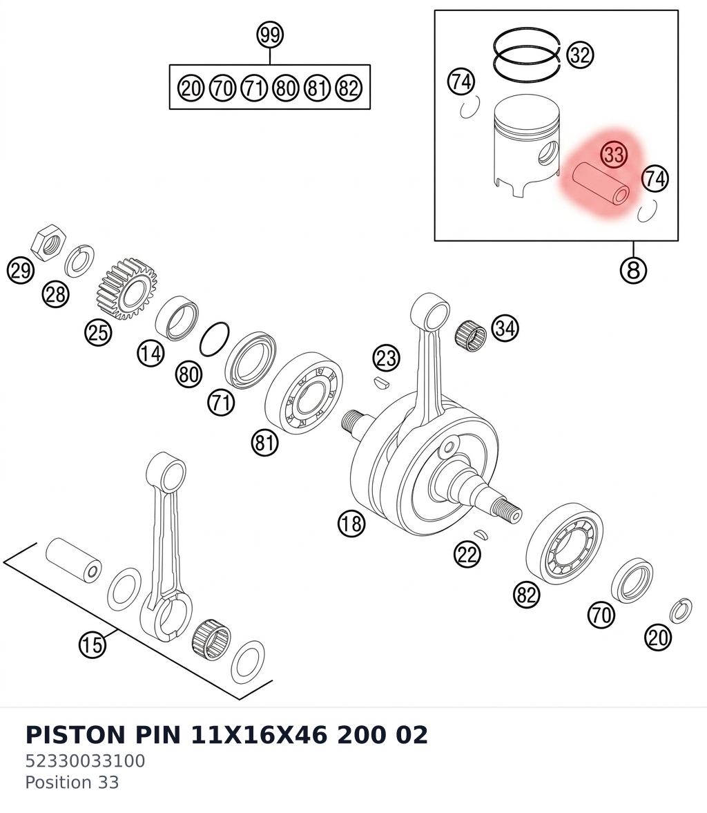 Diagram preview: PISTON PIN 11X16X46 200 02 (52330033100)