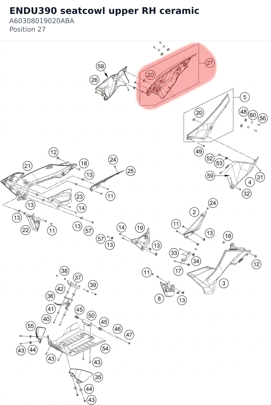 Diagram preview: ENDU390 seatcowl upper RH ceramic (A60308019020ABA)