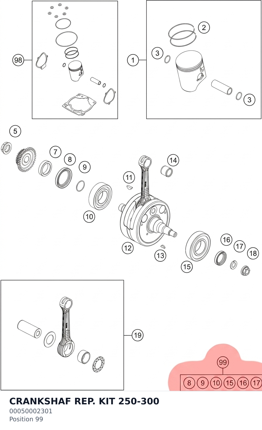 Diagram preview: CRANKSHAF REP. KIT 250-300 (00050002301)