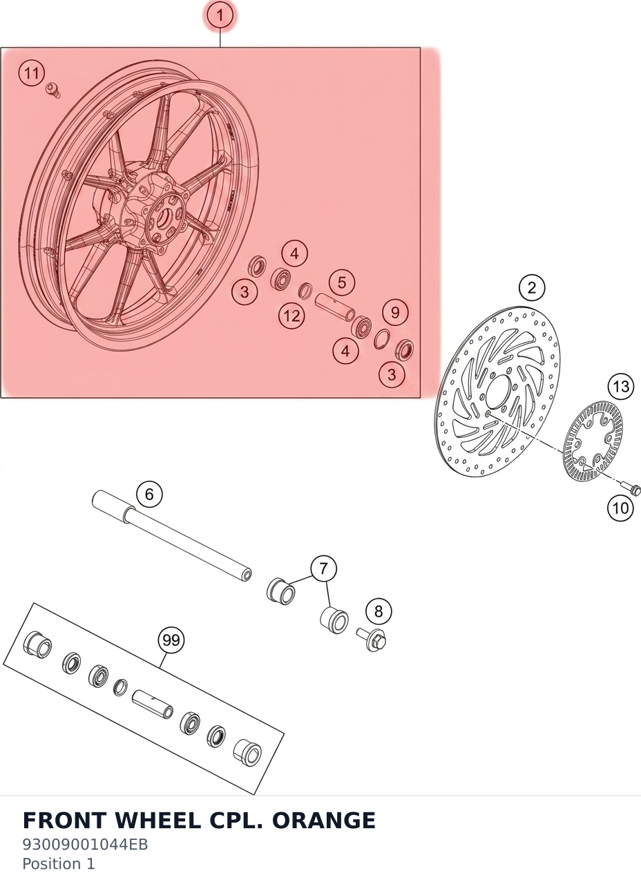 Diagram preview: FRONT WHEEL CPL. ORANGE (93009001044EB)