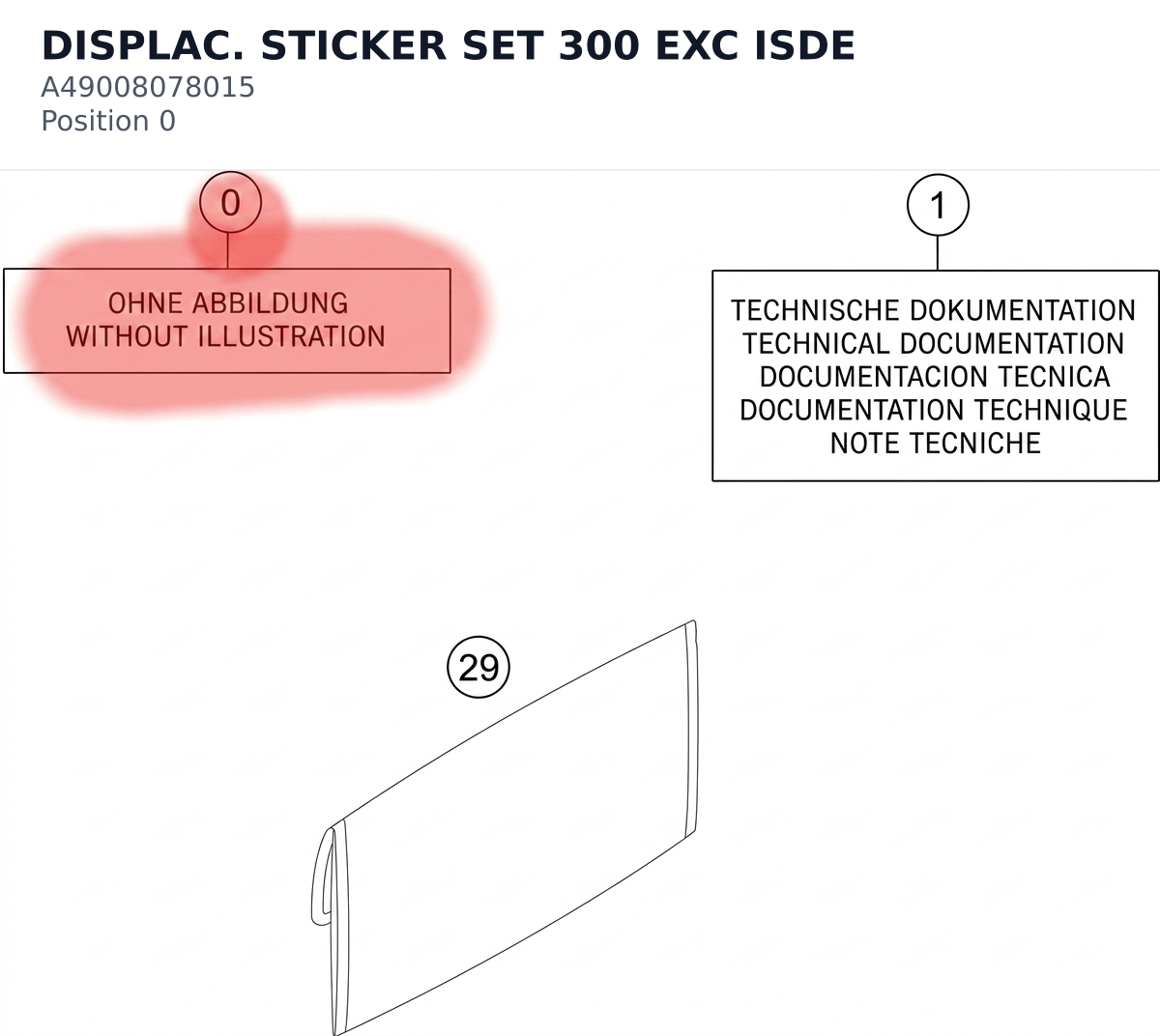 Diagram preview: DISPLAC. STICKER SET 300 EXC ISDE (A49008078015)