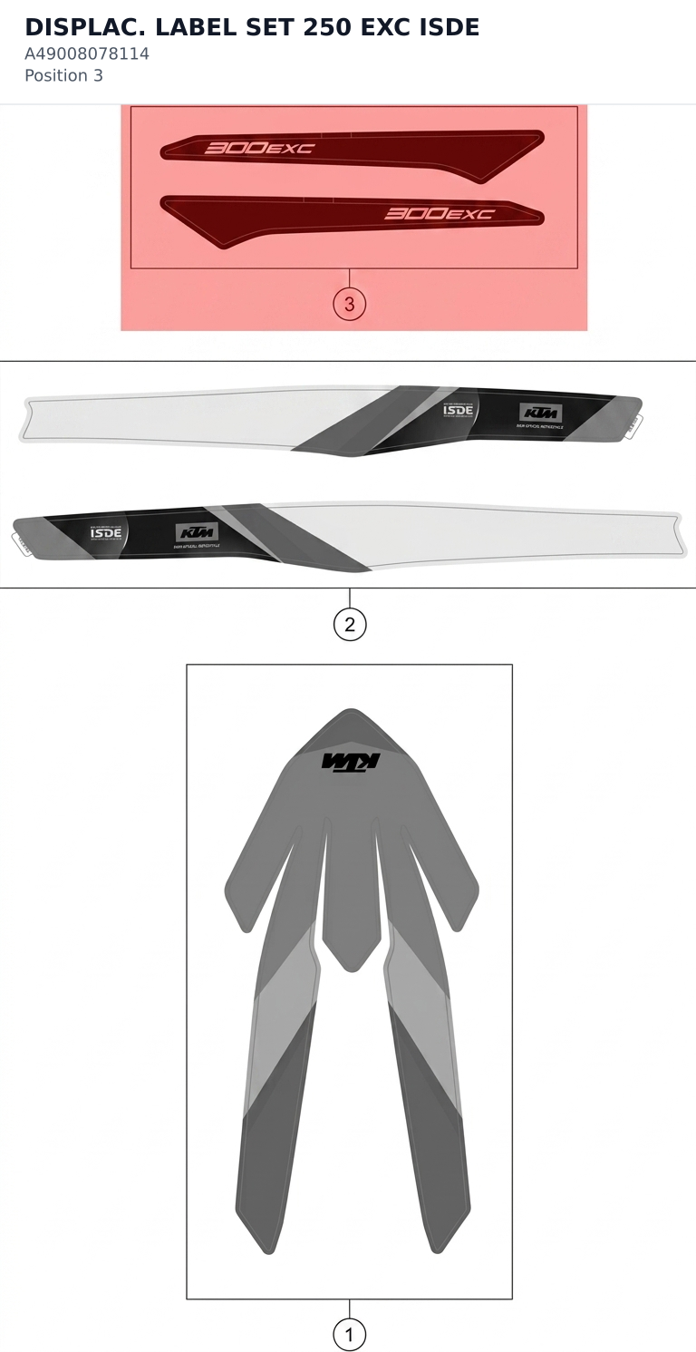 Diagram preview: DISPLAC. LABEL SET 250 EXC ISDE (A49008078114)