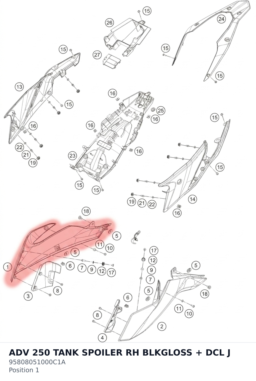 Diagram preview: ADV 250 TANK SPOILER RH BLKGLOSS + DCL J (95808051000C1A)