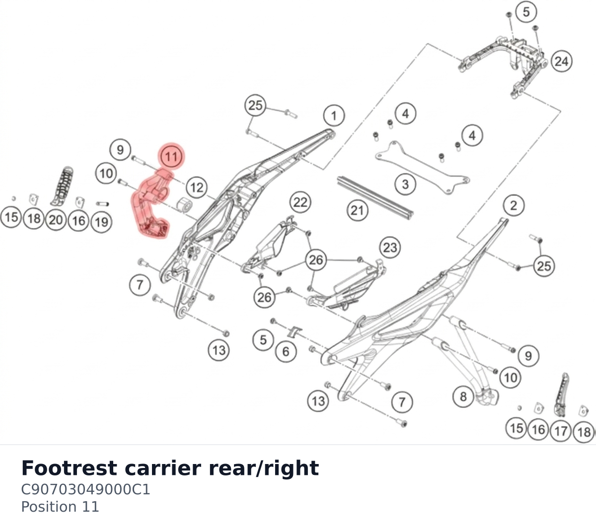 Diagram preview: Footrest carrier rear/right (C90703049000C1)