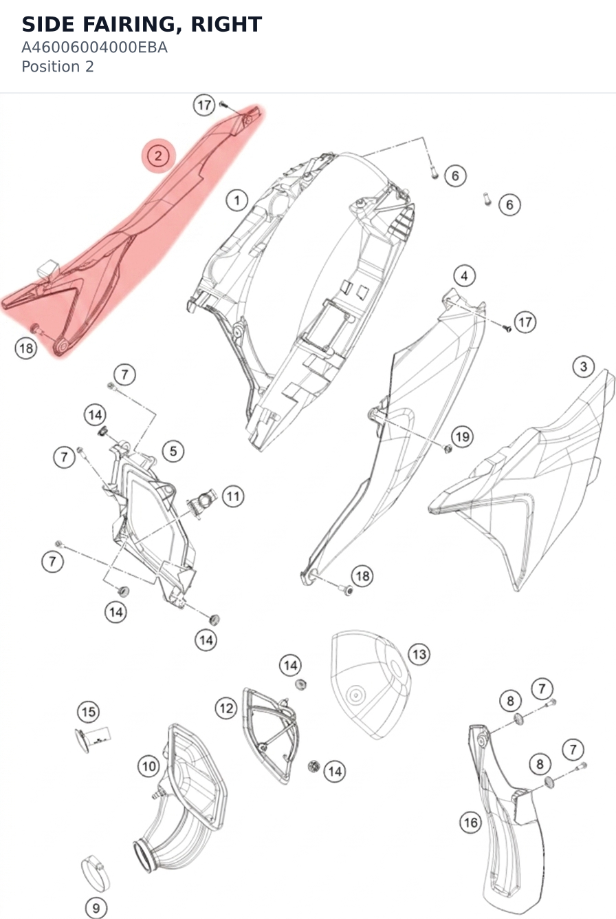 Diagram preview: SIDE FAIRING, RIGHT (A46006004000EBA)