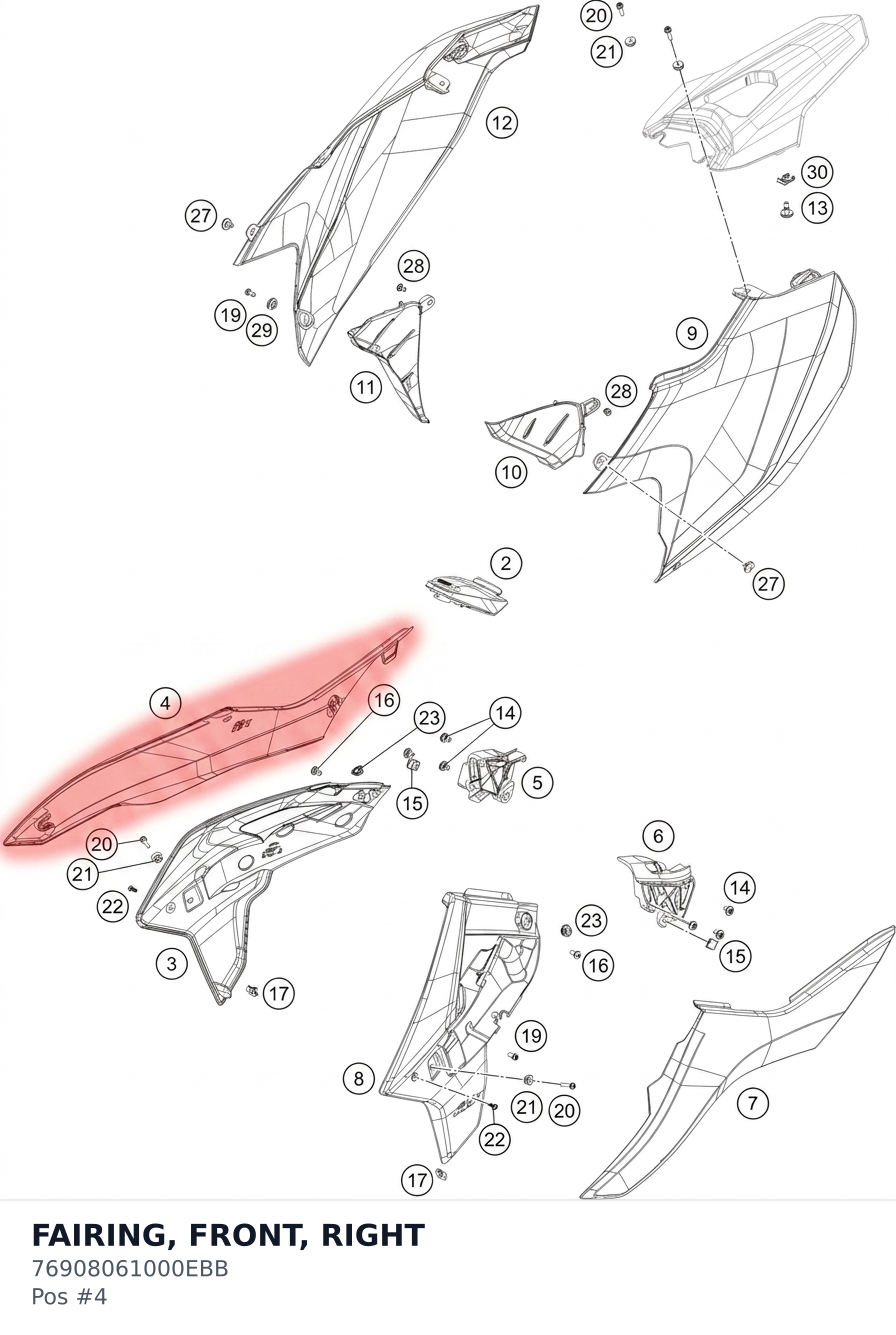 Diagram preview: FAIRING, FRONT, RIGHT (76908061000EBB)