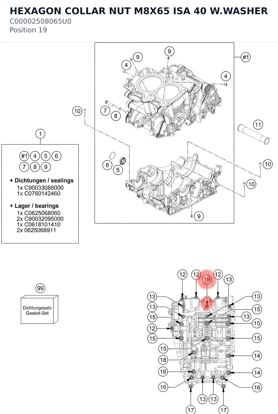 Diagram preview: HEXAGON COLLAR NUT M8X65 ISA 40 W.WASHER (C00002508065U0)