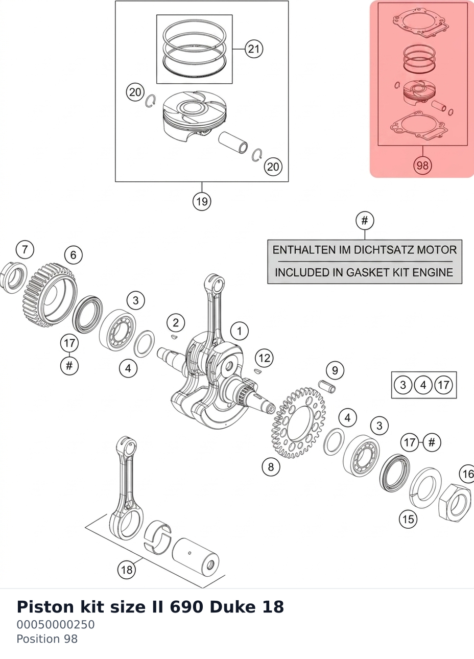 Diagram preview: Piston kit size II 690 Duke 18 (00050000250)