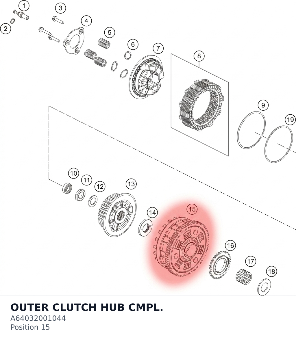 Diagram preview: OUTER CLUTCH HUB CMPL. (A64032001044)