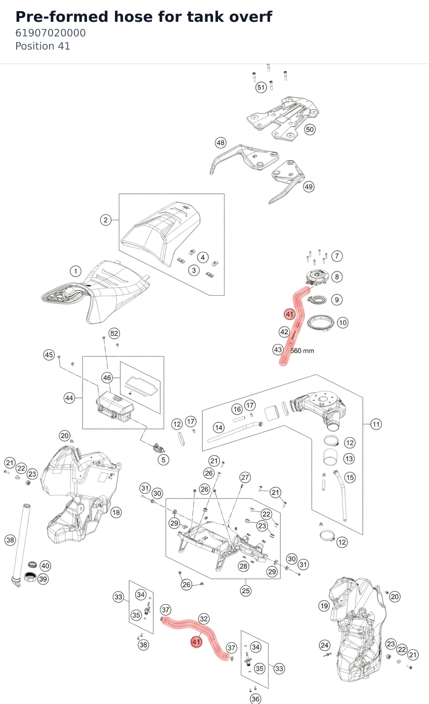 Diagram preview: Pre-formed hose for tank overf (61907020000)