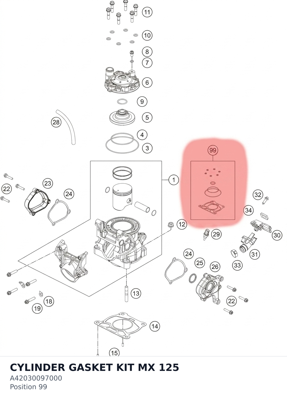 Diagram preview: CYLINDER GASKET KIT MX 125 (A42030097000)