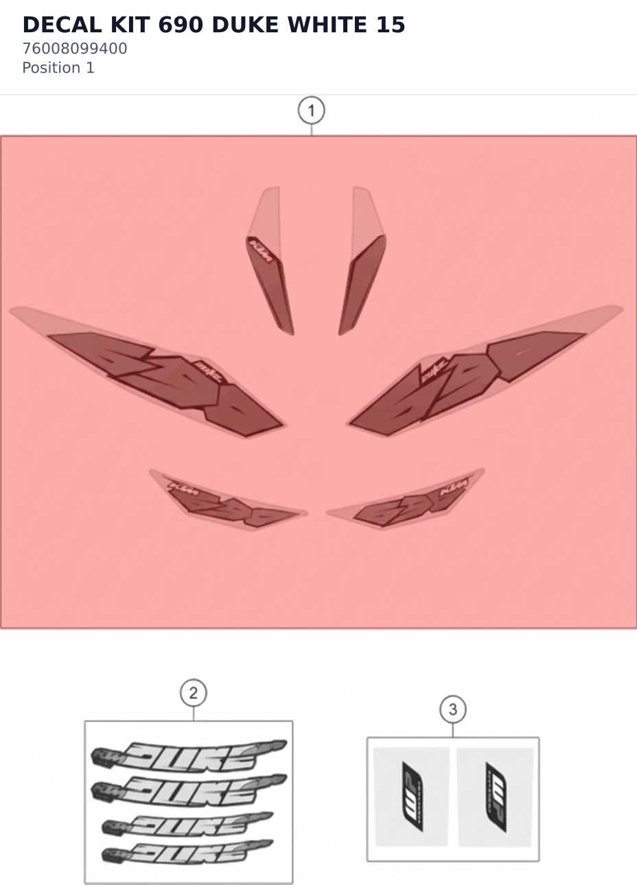Diagram preview: DECAL KIT 690 DUKE WHITE 15 (76008099400)