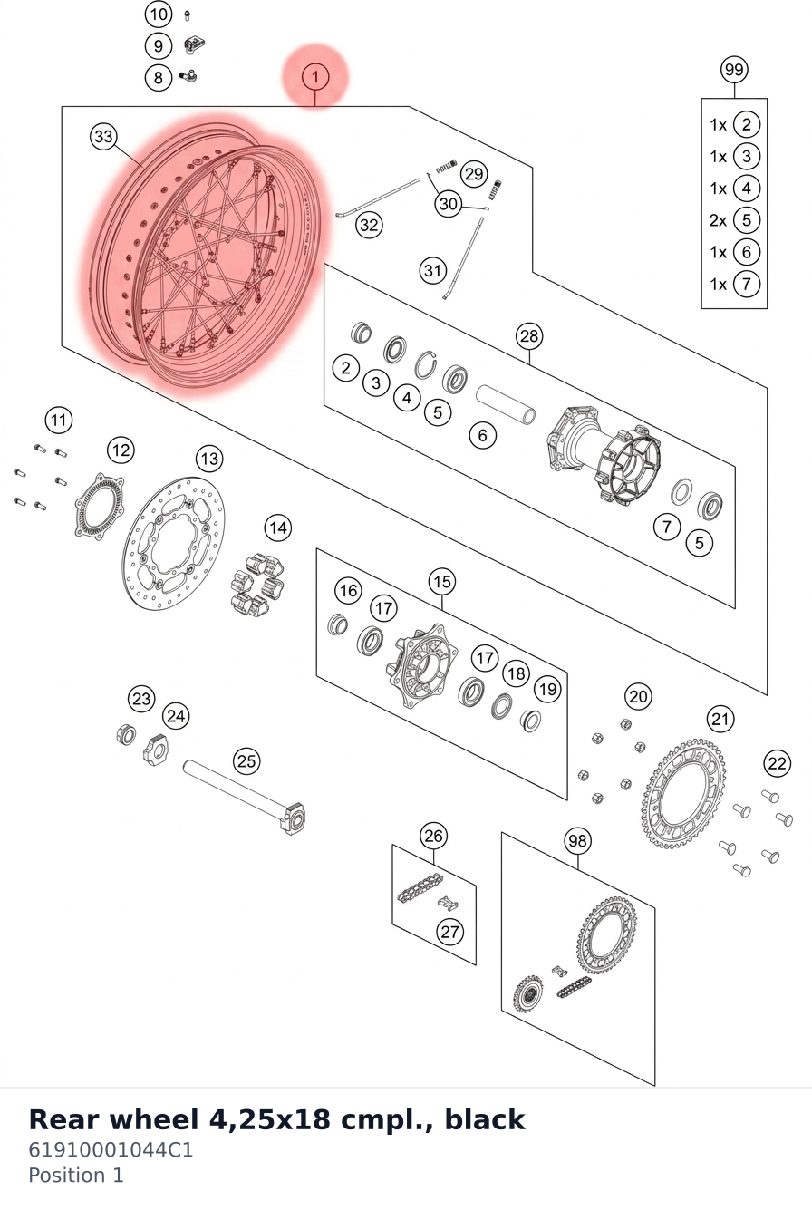 Diagram preview: Rear wheel 4,25x18 cmpl., black (61910001044C1)