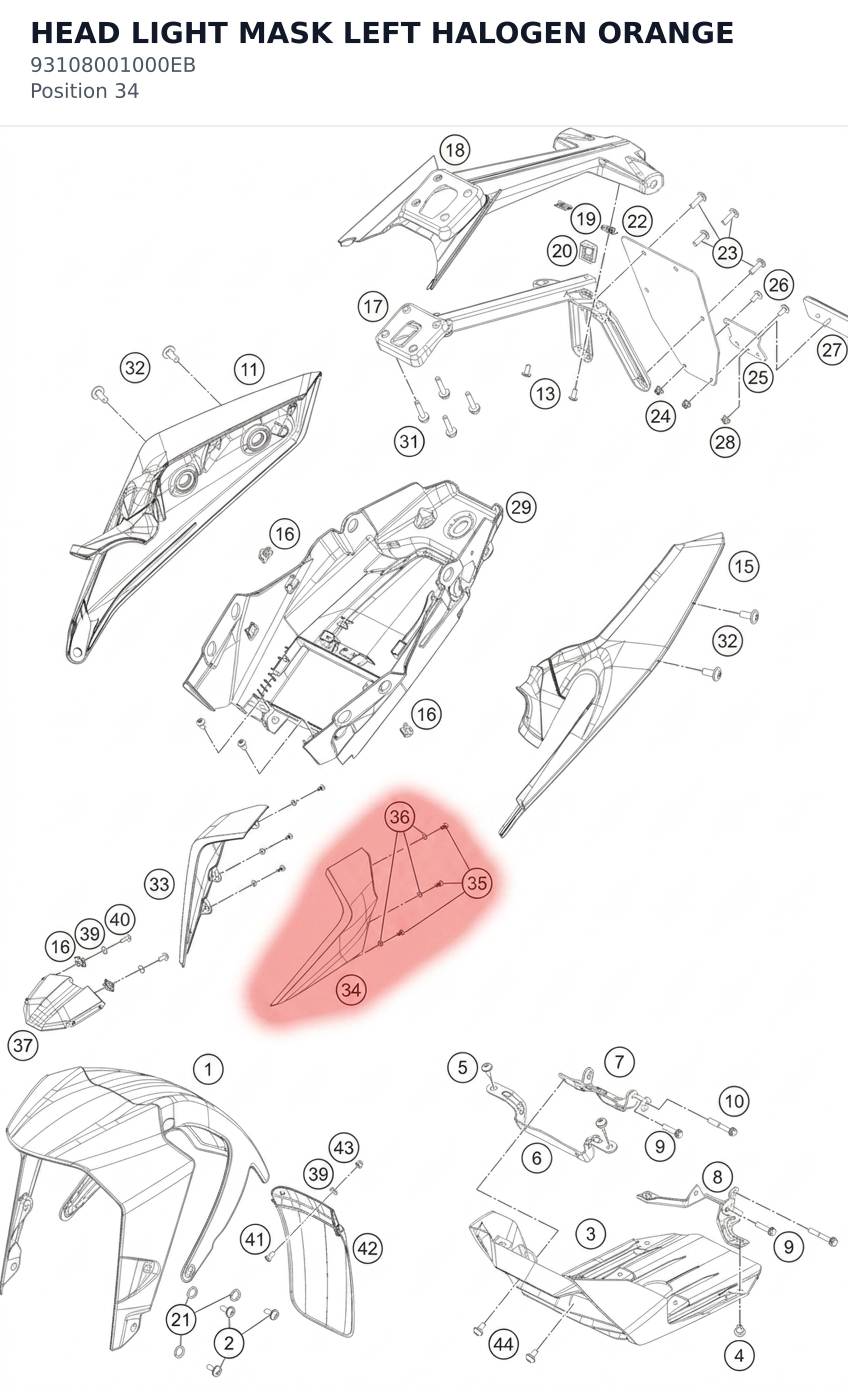 Diagram preview: HEAD LIGHT MASK LEFT HALOGEN ORANGE (93108001000EB)