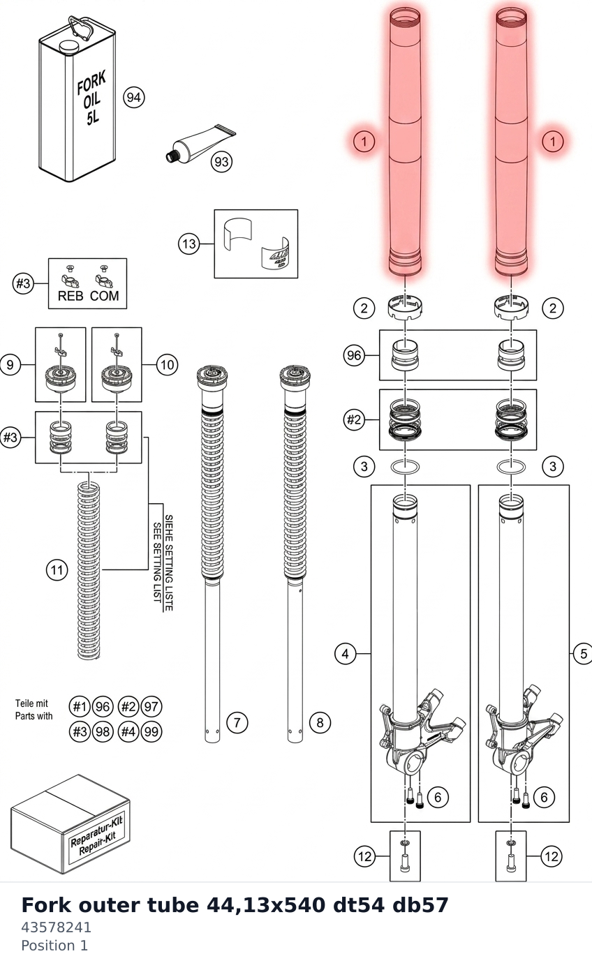 Diagram preview: Fork outer tube 44,13x540 dt54 db57 (43578241)
