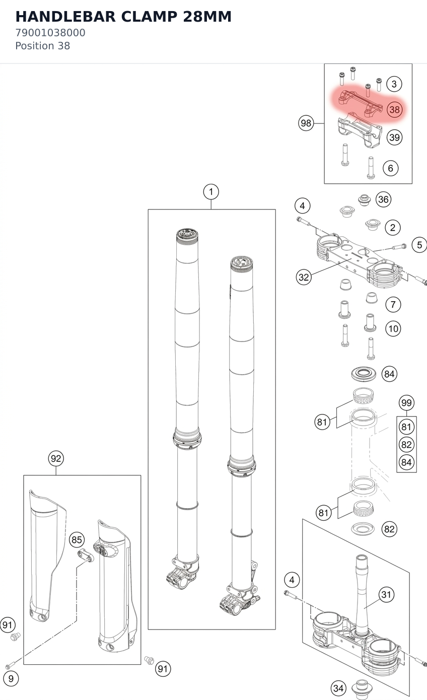 Diagram preview: HANDLEBAR CLAMP 28MM (79001038000)