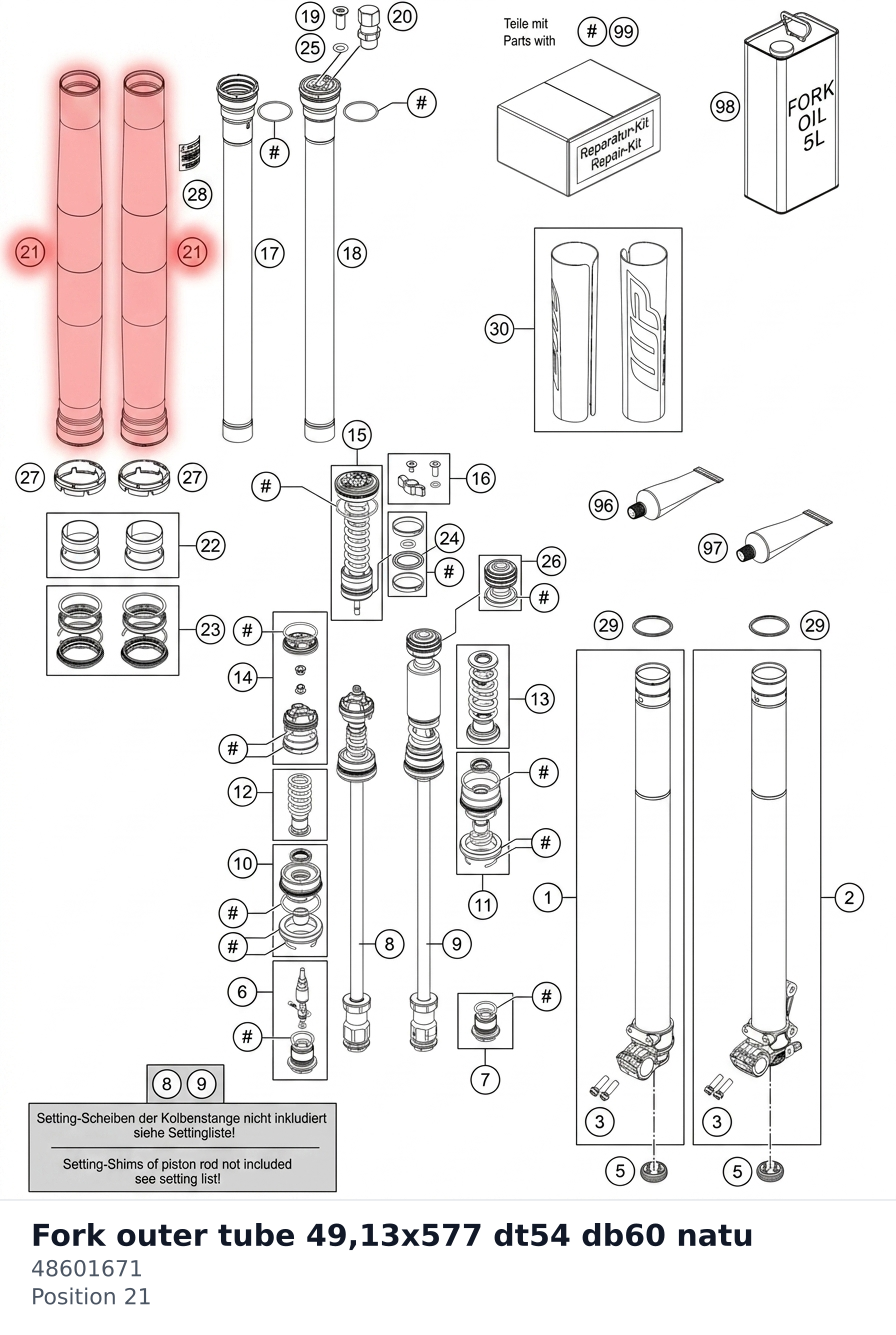 Diagram preview: Fork outer tube 49,13x577 dt54 db60 natu (48601671)