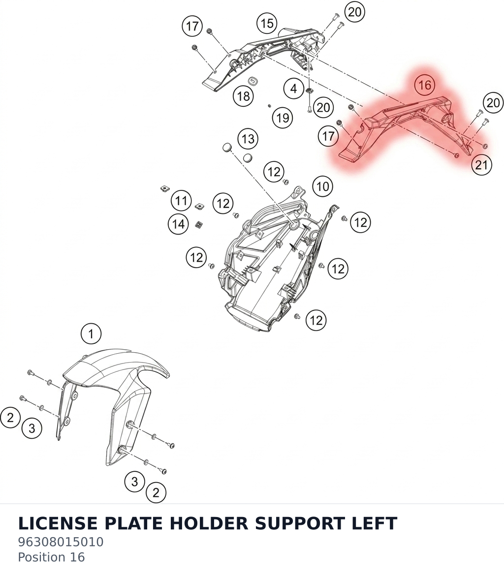 Diagram preview: LICENSE PLATE HOLDER SUPPORT LEFT (96308015010)