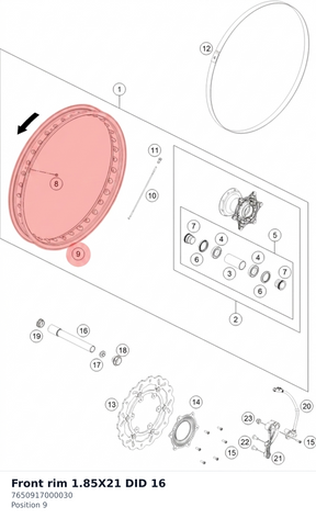 Diagram preview: Front rim 1.85X21  DID 16 (7650917000030)