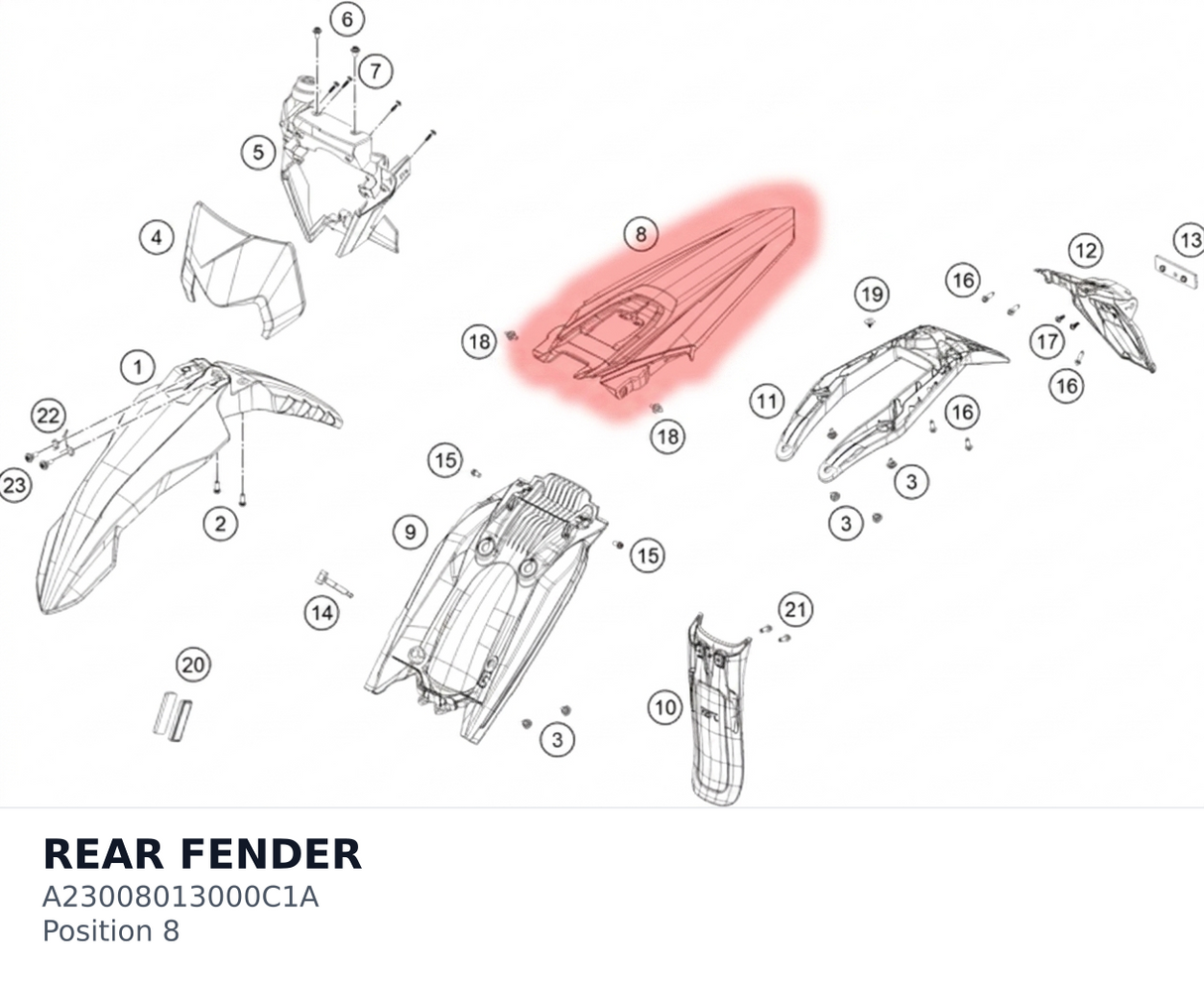 Diagram preview: REAR FENDER (A23008013000C1A)