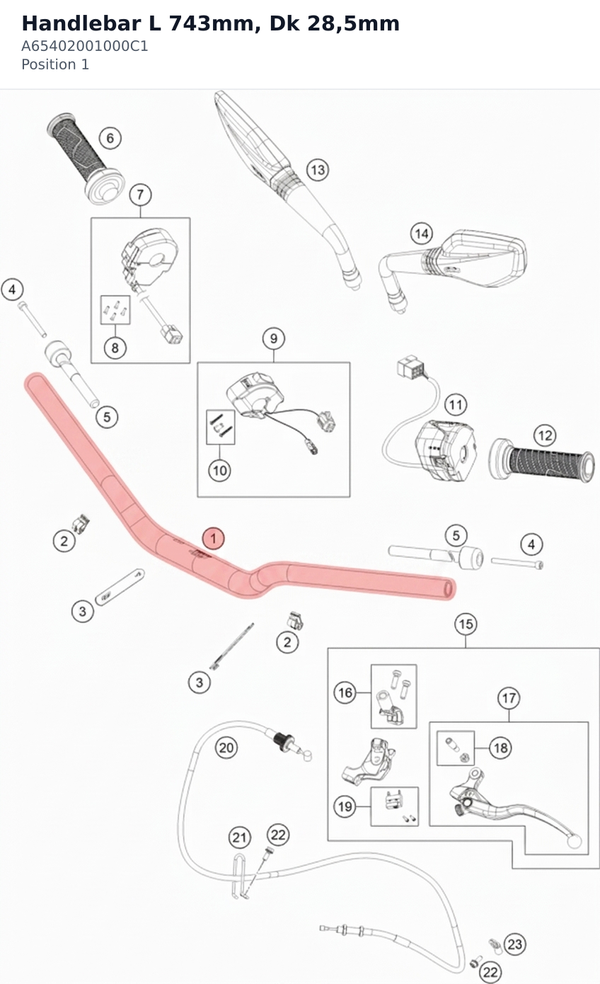 Diagram preview: Handlebar L 743mm, Dk 28,5mm (A65402001000C1)