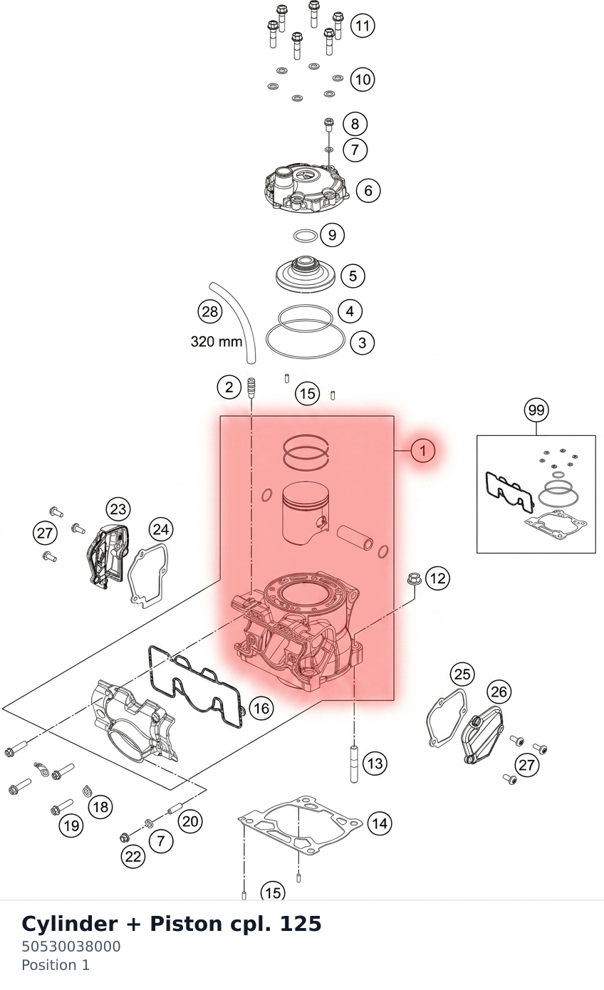 Diagram preview: Cylinder + Piston cpl. 125 (50530038000)