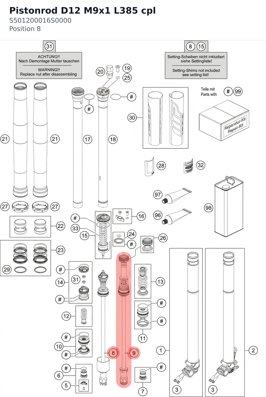 Diagram preview: Pistonrod D12 M9x1 L385 cpl (S501200016S0000)
