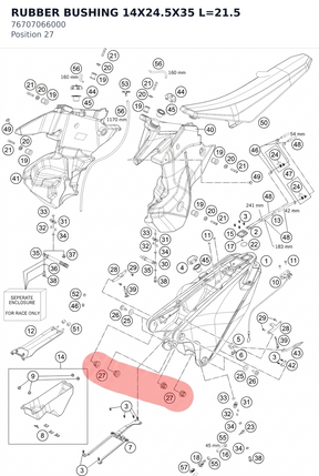 Diagram preview: RUBBER BUSHING 14X24.5X35 L=21.5 (76707066000)