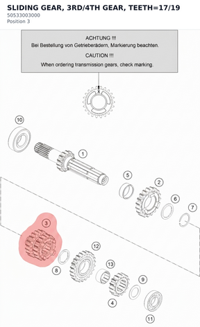 Diagram preview: SLIDING GEAR, 3RD/4TH GEAR, TEETH=17/19 (50533003000)