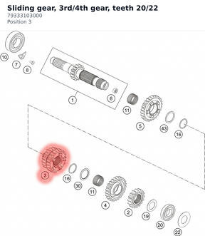 Diagram preview: Sliding gear, 3rd/4th gear, teeth 20/22 (79333103000)