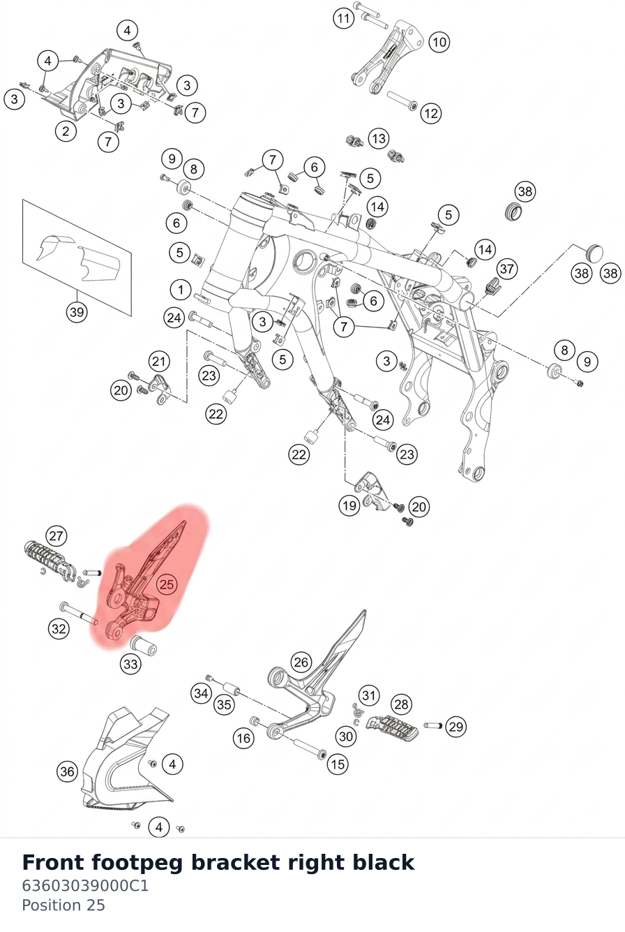Diagram preview: Front footpeg bracket right black (63603039000C1)