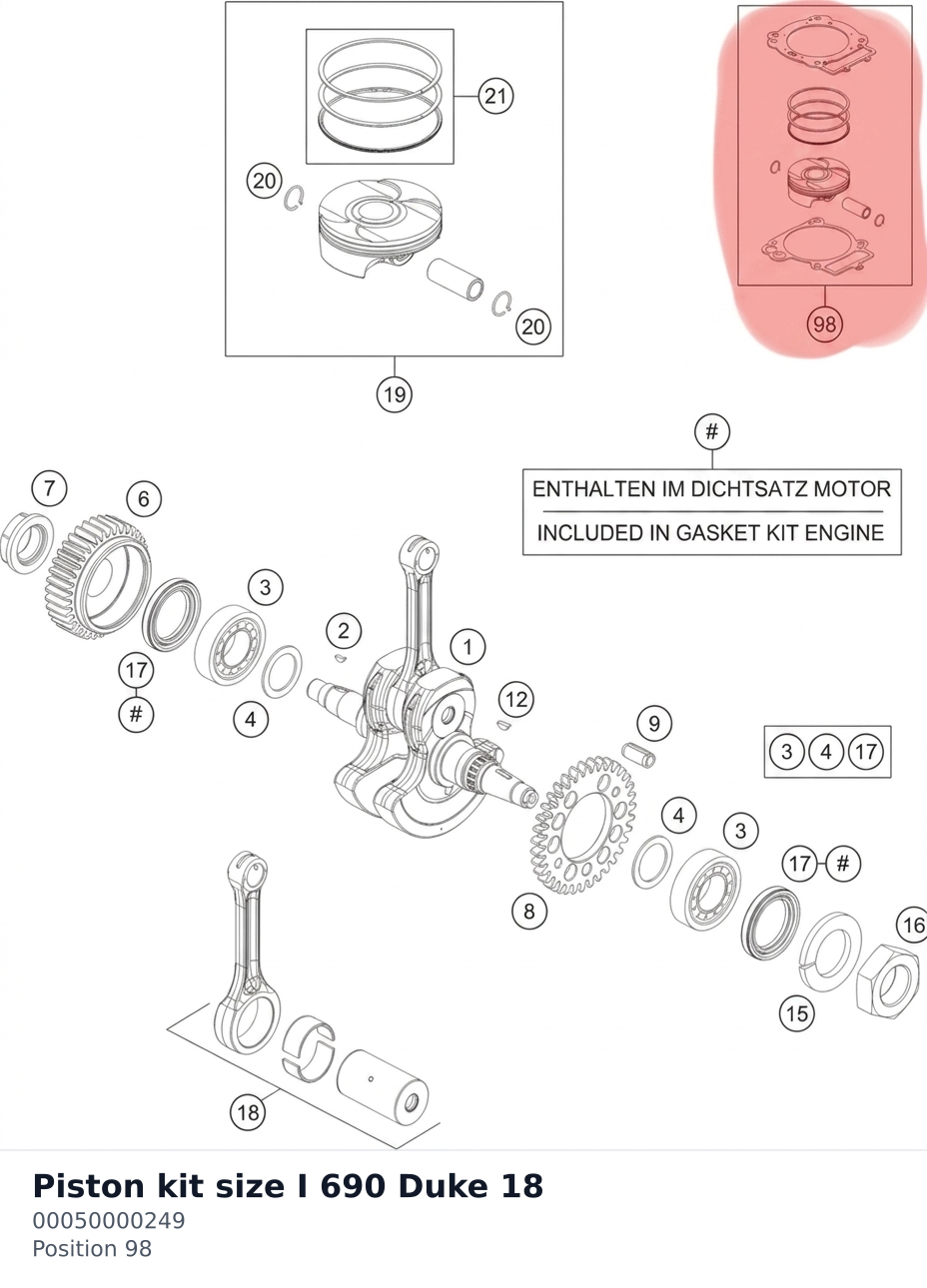 Diagram preview: Piston kit size I 690 Duke  18 (00050000249)