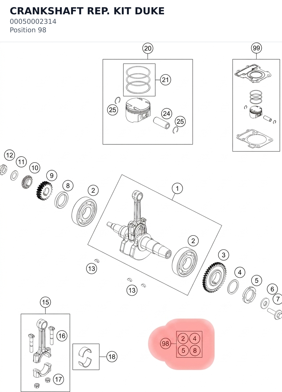 Diagram preview: CRANKSHAFT REP. KIT DUKE (00050002314)