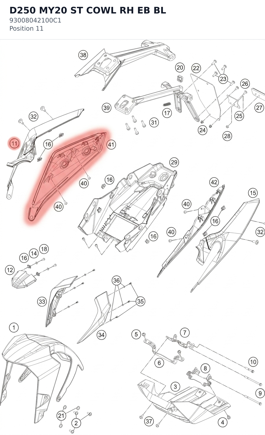 Diagram preview: D250 MY20 ST COWL RH EB BL (93008042100C1)