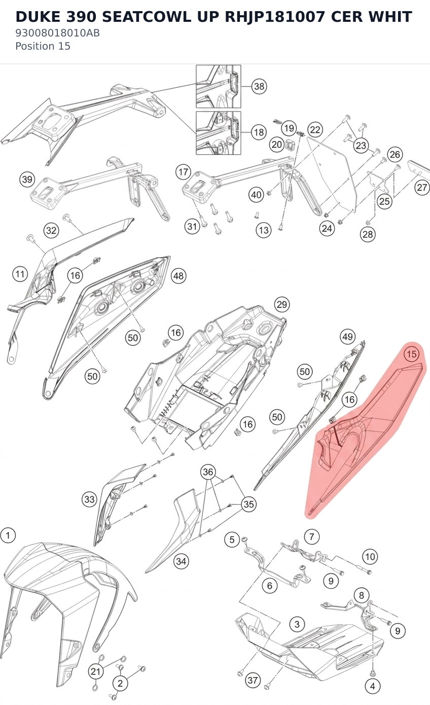 Diagram preview: DUKE 390 SEATCOWL UP RHJP181007 CER WHIT (93008018010AB)