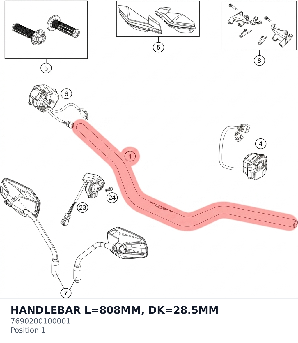 Diagram preview: HANDLEBAR L=808MM, DK=28.5MM (7690200100001)