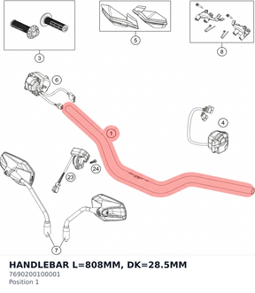 Diagram preview: HANDLEBAR L=808MM, DK=28.5MM (7690200100001)