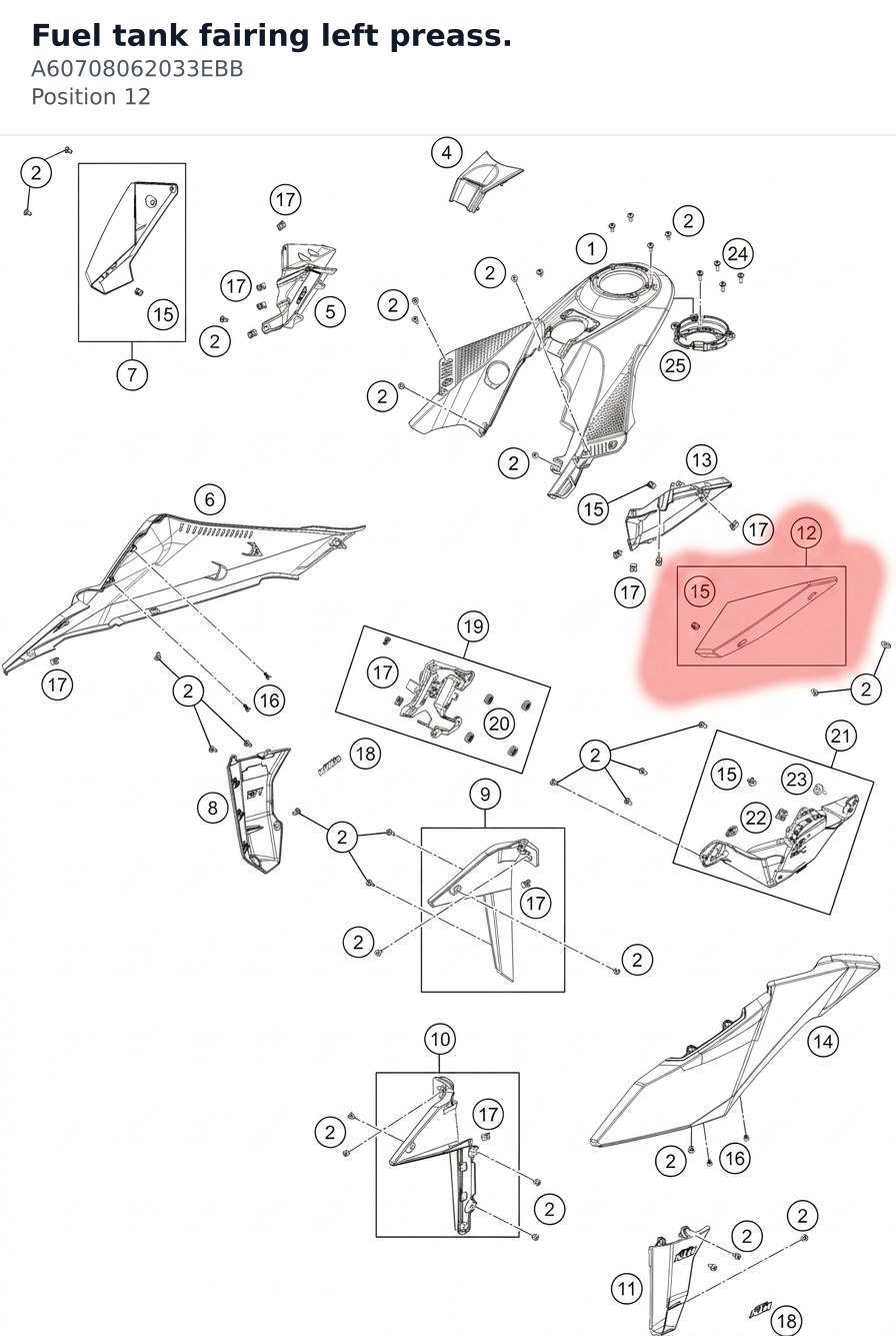 Diagram preview: Fuel tank fairing left preass. (A60708062033EBB)