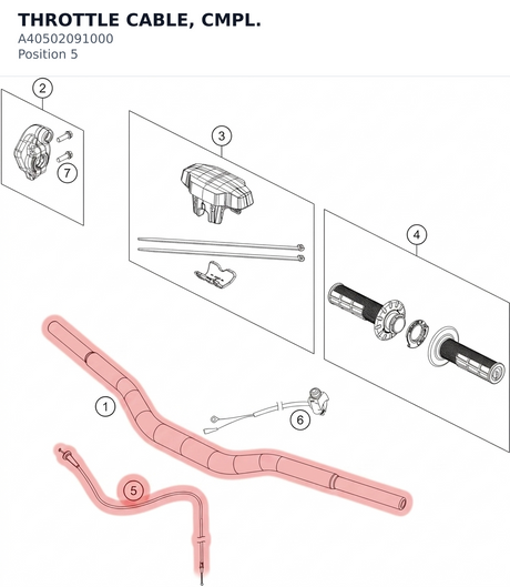 Diagram preview: THROTTLE CABLE, CMPL. (A40502091000)