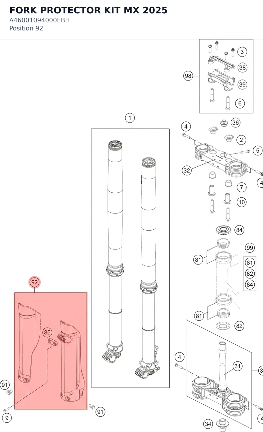 Diagram preview: FORK PROTECTOR KIT MX 2025 (A46001094000EBH)