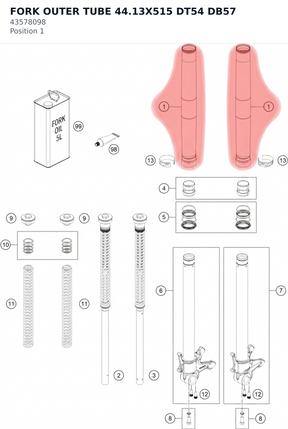 Diagram preview: FORK OUTER TUBE 44.13X515 DT54 DB57 (43578098)