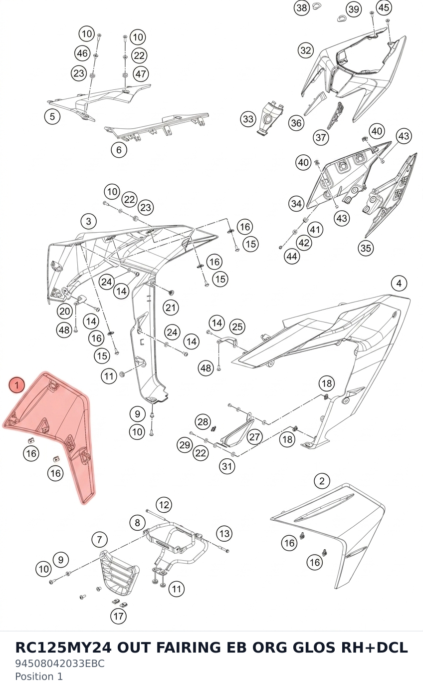 Diagram preview: RC125MY24 OUT FAIRING EB ORG GLOS RH+DCL (94508042033EBC)