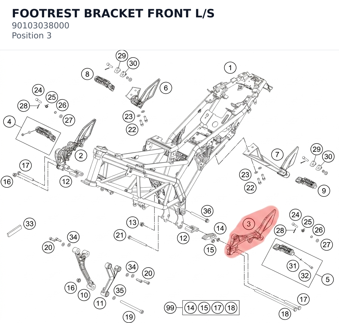 Diagram preview: FOOTREST BRACKET FRONT L/S (90103038000)