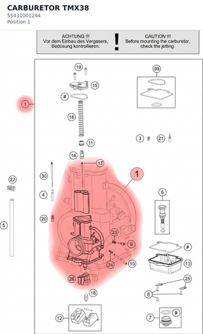 Diagram preview: CARBURETOR TMX38 (55431001244)